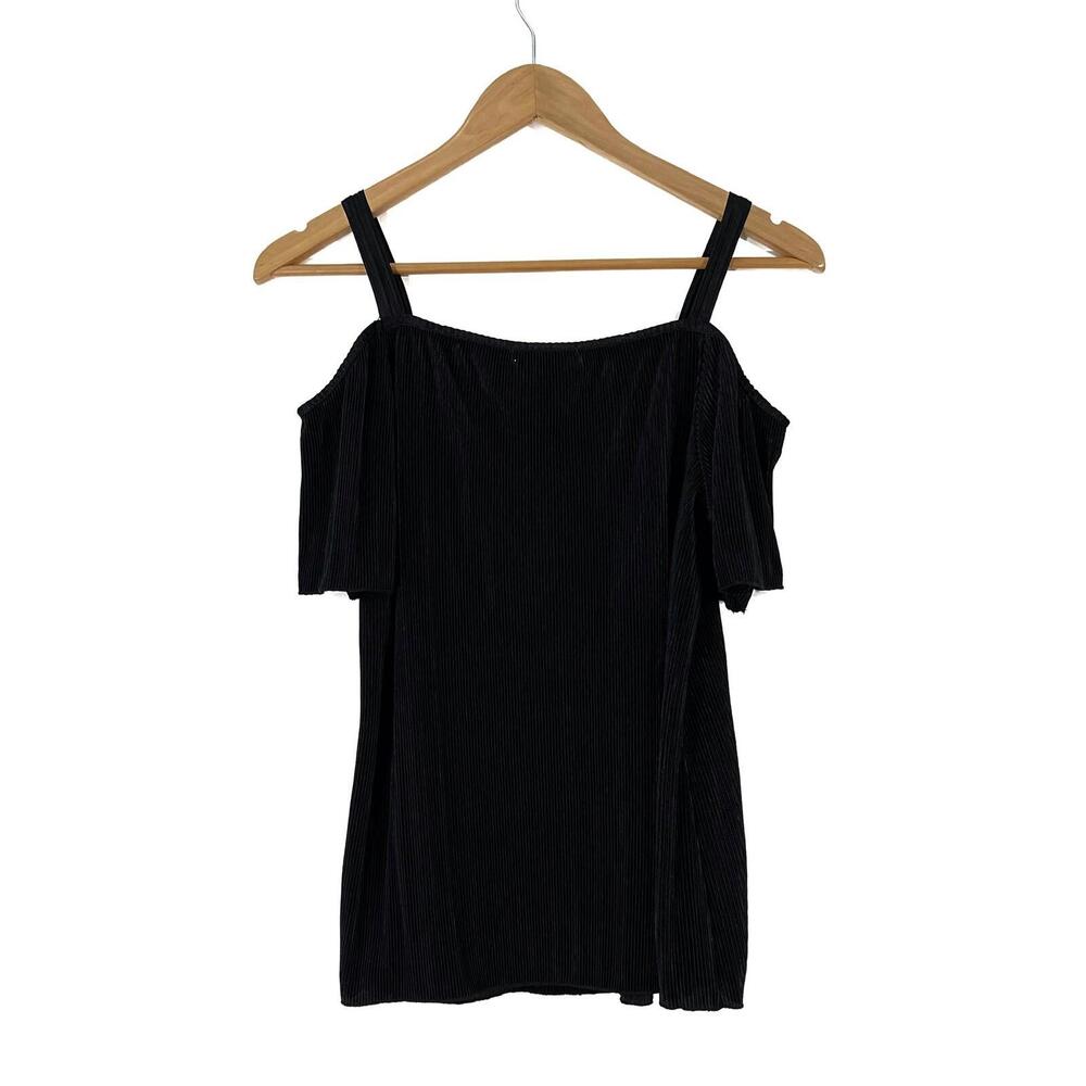 Design History Women’s Size Small Onyx Black Ribbed Pleated Cold Shoulder Top - Picture 8 of 12